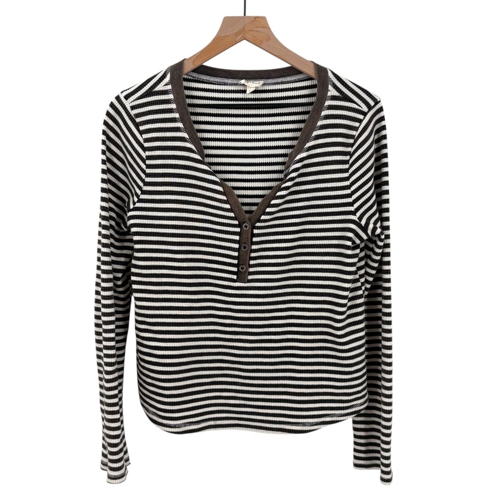 Hem & Thread‎ Striped Distressed Long Sleeve Henley Top Large